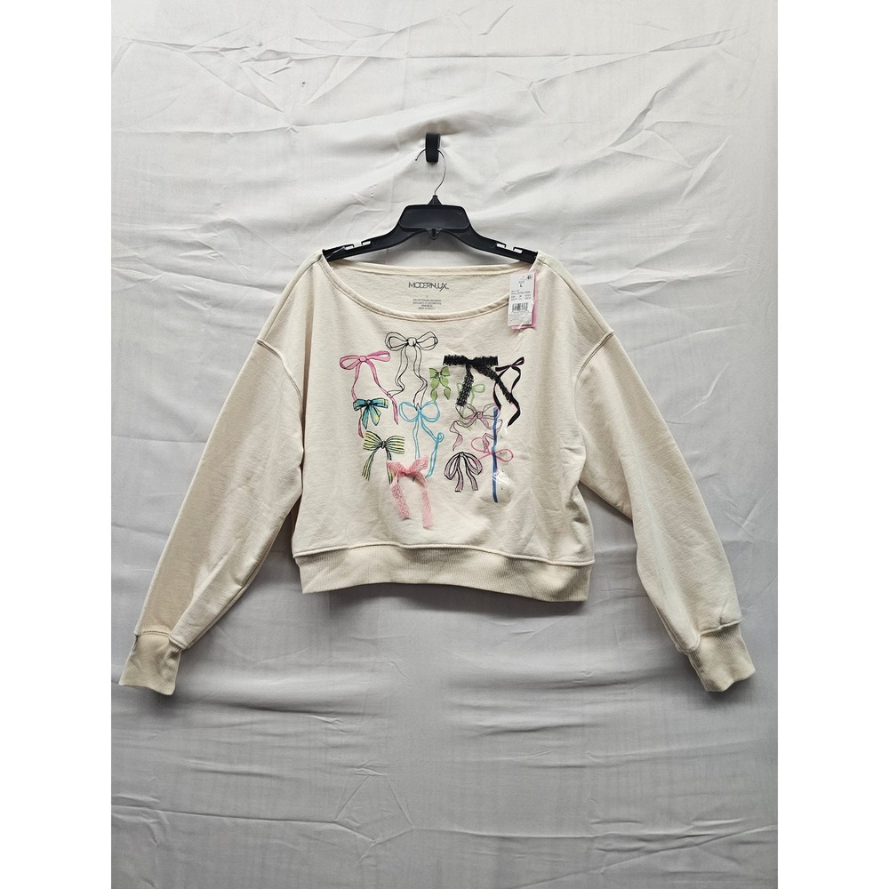 Modern Lux Womens Bow Graphic Pullover Sweatshirt White Poly Blend Casual Size L